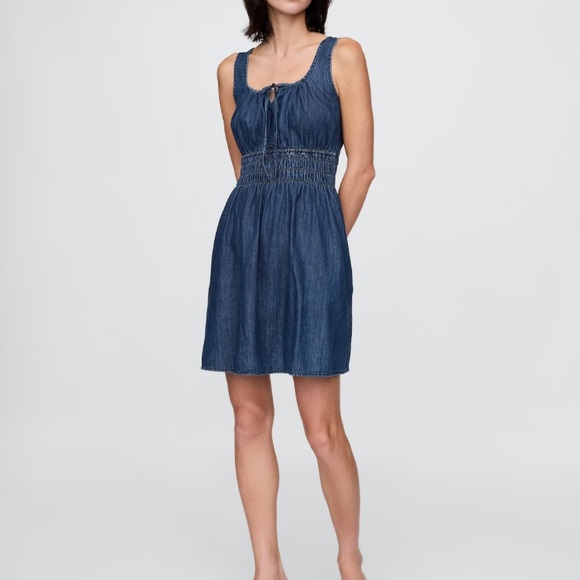 GAP Denim Tie-Front Smocked Waist Mini Dress - Picture 1 of 6